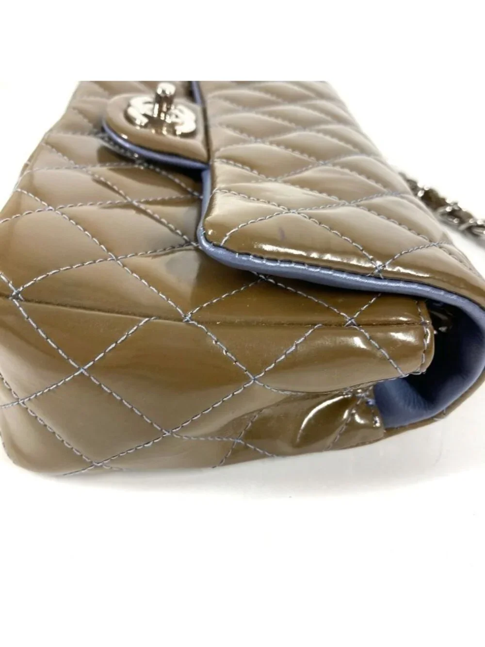 Chanel Shoulder Bag CC Logo Quilted Patent Leather Khaki